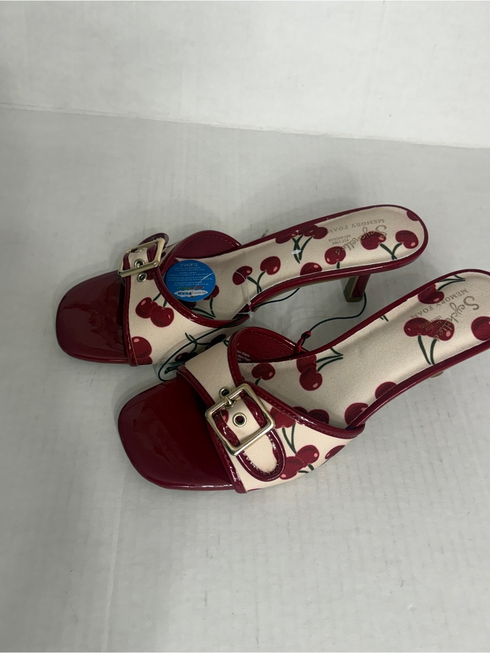 Cherry Print Buckle Kitten Heel Mules Red White - Picture 2 of 5